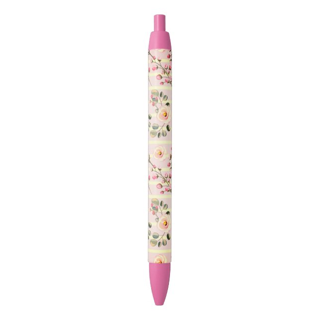 Caneta Preta Soft Pink Floral Stripe Pattern (Frente Vertical)