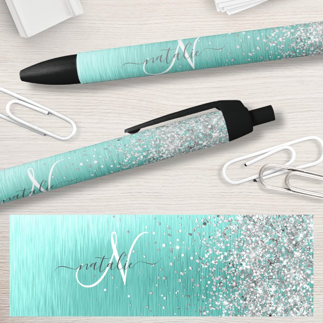 Caneta Preta Teal Brugado Metal Silver Glitter Nome Monograma (Criador carregado)