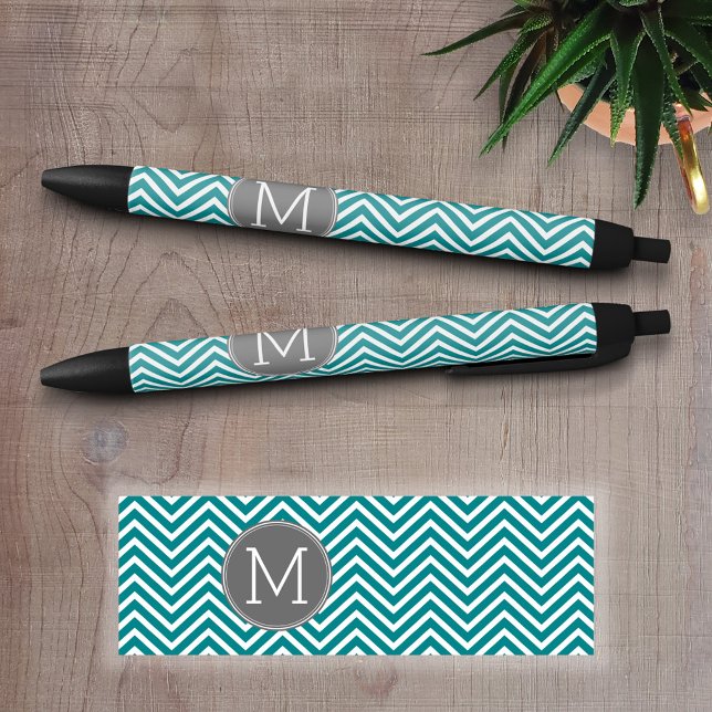 Caneta Preta Teal Charmala Chevrons Monograma Personalizado (Custom Pen - Personalize this writing pen with your name, monogram or other text)