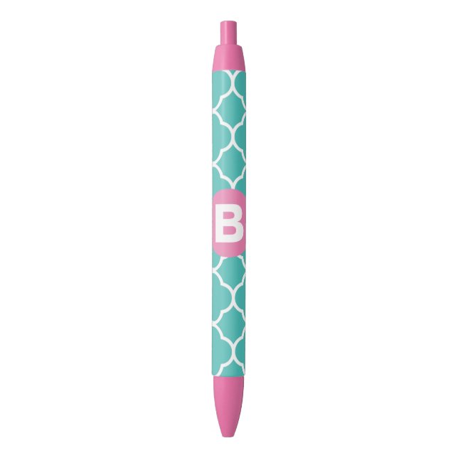 Caneta Preta Teal Quatrefoil Pattern Custom Pink Monogram (Frente Vertical)