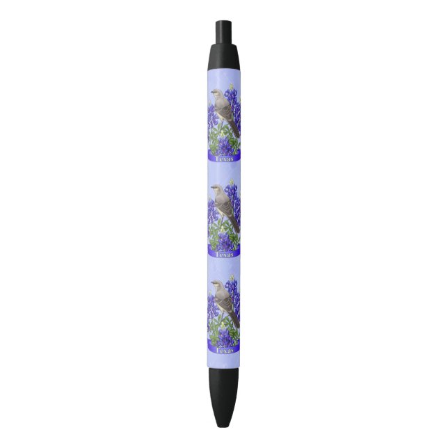 Caneta Preta Texas State Mockingbird & Bluebonnet Flower (Frente Vertical)
