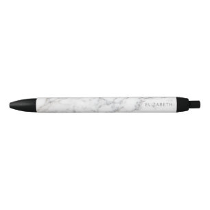 Caneta Preta Textura de mármore branco falso e nome personaliza