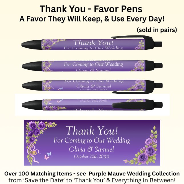 Caneta Preta Thank You, Purple Mauve Flowers & White Wedding  (Criador carregado)