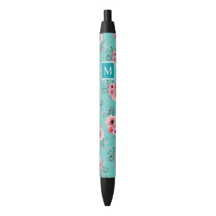 Caneta Preta Tília   Monograma Floral Rosa e Verde