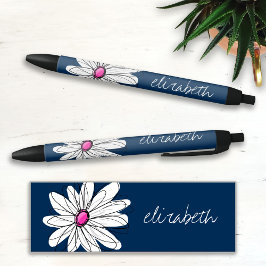 Caneta Preta Trendy Daisy Floral Illustração - marinho e rosa
