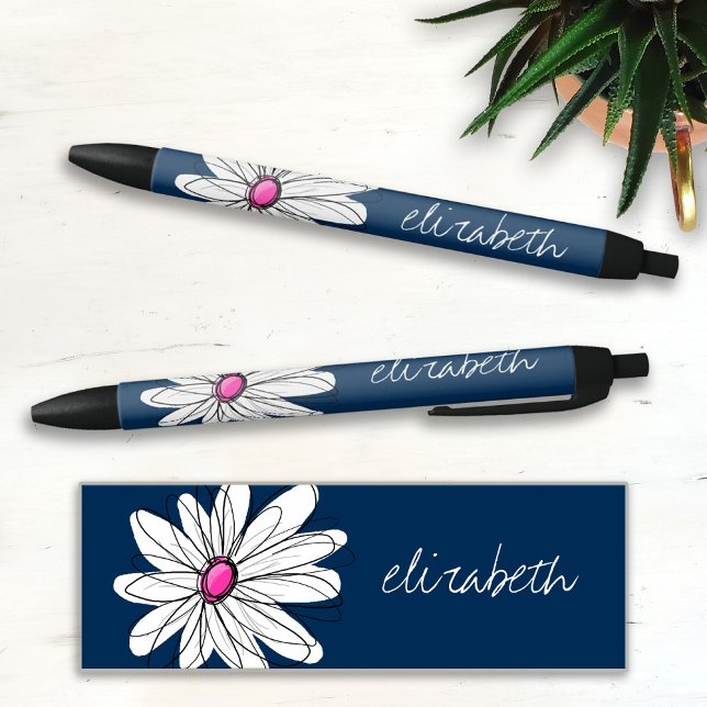 Caneta Preta Trendy Daisy Floral Illustração - marinho e rosa (Criador carregado)