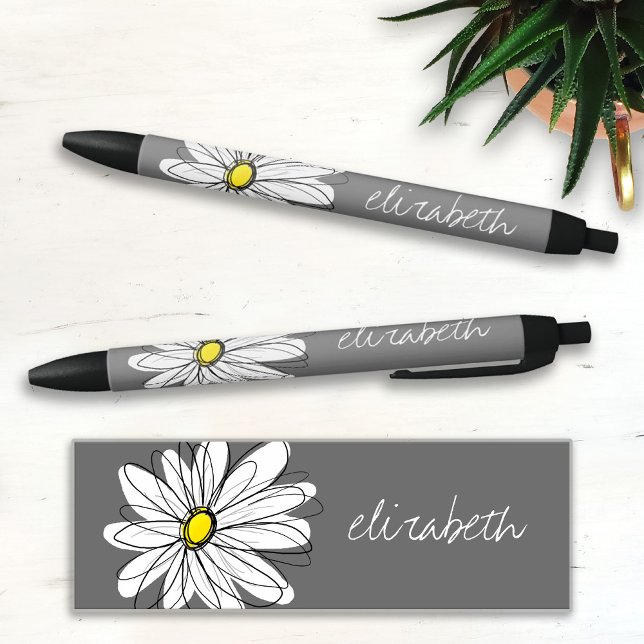 Caneta Preta Trendy Floral Daisy com nome personalizado amarelo (Criador carregado)