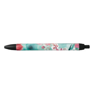 Caneta Preta Turquesa azul Flores de primavera aquarela Vermelh