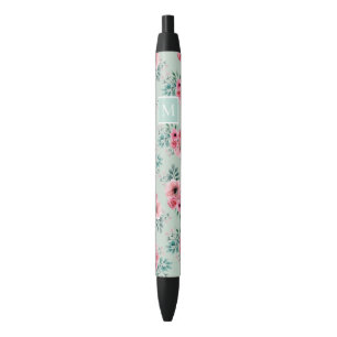 Caneta Preta Verde menta Monograma Floral Chic Watercolor