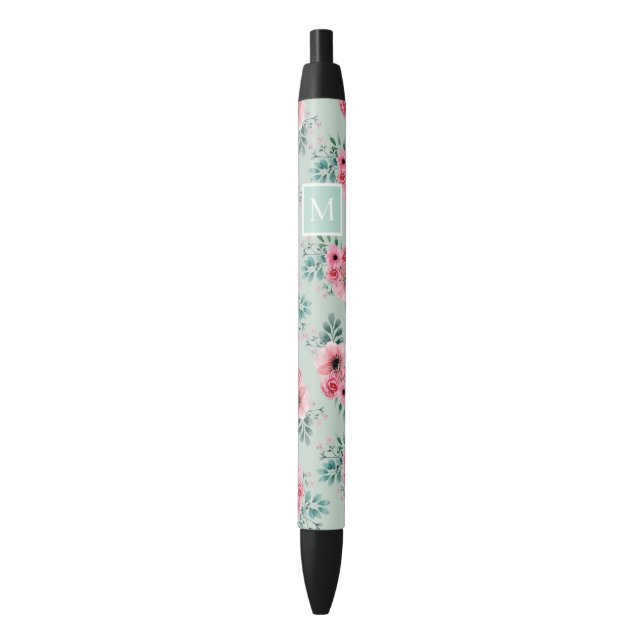 Caneta Preta Verde menta | Quic Watercolor Monograma Floral (Frente Vertical)