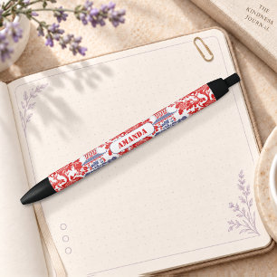 Caneta Preta Vintage Azul Vermelho Chinoiserie Delft Monograma