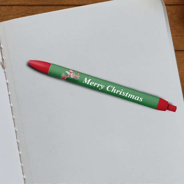 Caneta Preta Vintage Santa Claus Peppermint Candy Train (Santa riding peppermint candy train with candy canes on green Merry Christmas writing pen.)