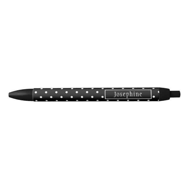 Caneta Preta White On Black Polka Dots Pattern With Custom Name (Frente)