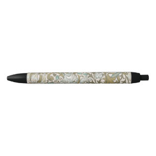 Caneta Preta William Morris Lírio Dourado Azul Clássico Dourado