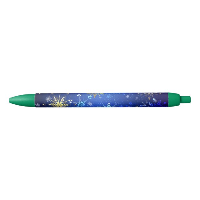 Caneta Preta XMAS Blue Background with Golden Snowflakes (Frente)