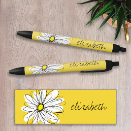 Caneta Preta Yellow and White Whimsical Daisy with Custom Text
