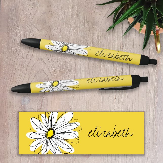 Caneta Preta Yellow and White Whimsical Daisy with Custom Text (Criador carregado)