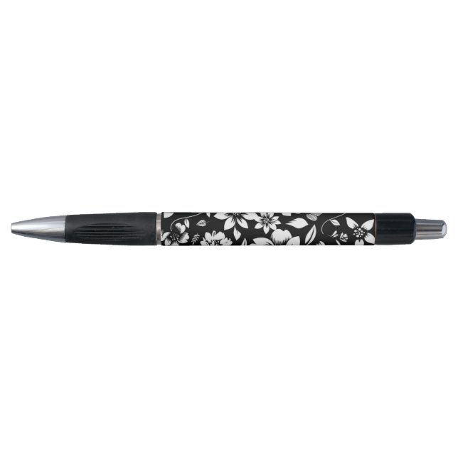 Caneta Preto Branco Folhas Florais Modernas Soprando (Frente)
