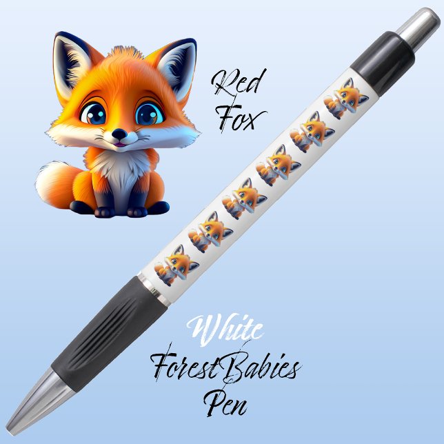 Caneta Raposa Vermelha, Floresta Branca Única Custa (Cute Whimsical Red Fox Cartoon Graphic, white ForestBabies Pen 🦊)