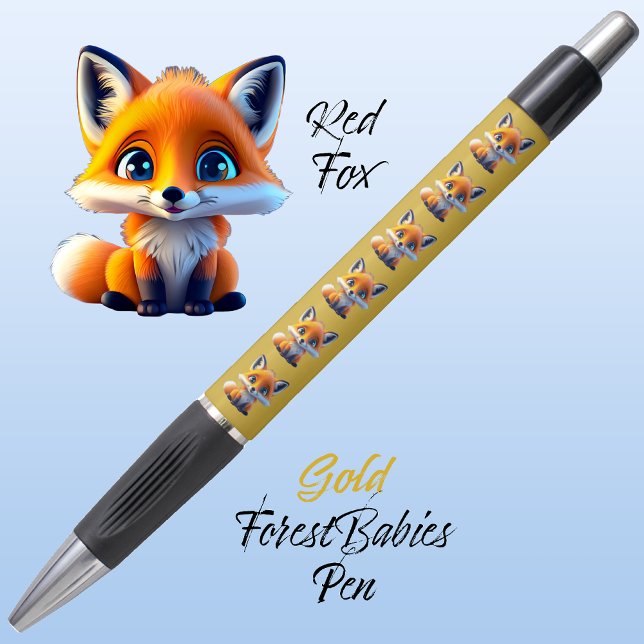 Caneta Raposa Vermelha, Floresta Branca Única Dourada (Cute Whimsical Red Fox Cartoon Graphic, gold ForestBabies Pen 🦊)