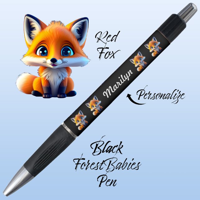 Caneta Raposa Vermelha, Floresta Branca Única, Negra Anim (Cute Whimsical Red Fox Woodland Forest Wildlife Animal Cartoon Graphic, Black Personalizable Pen 🦊)