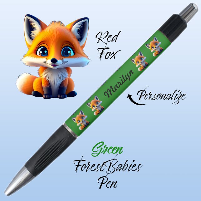 Caneta Raposa Vermelha, Floresta Branca Única Verde Anima (Cute Whimsical Red Fox Cartoon Graphic, green Personalizable ForestBabies Pen 🦊)