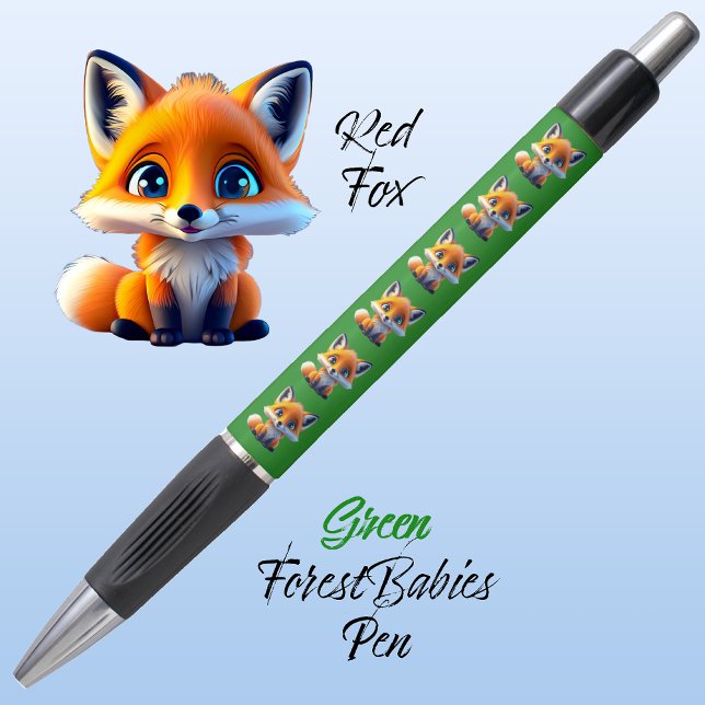 Caneta Raposa Vermelha, Floresta Branca Única Verde Anima (Cute Whimsical Red Fox Cartoon Graphic, green  ForestBabies Pen 🦊)