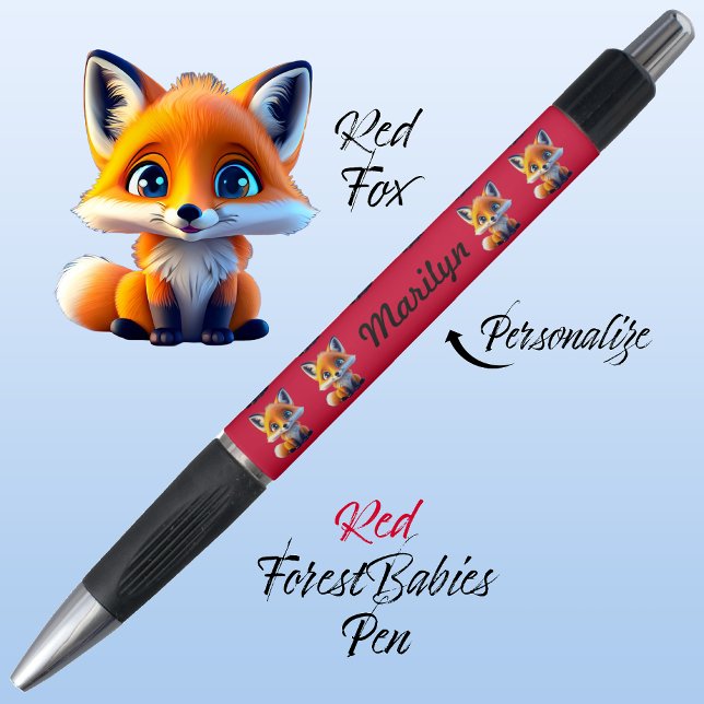 Caneta Raposa Vermelha, Isoladamente Infantil, Linguagem  (Cute Whimsical Red Fox Cartoon Graphic, red Personalizable ForestBabies Pen 🦊)