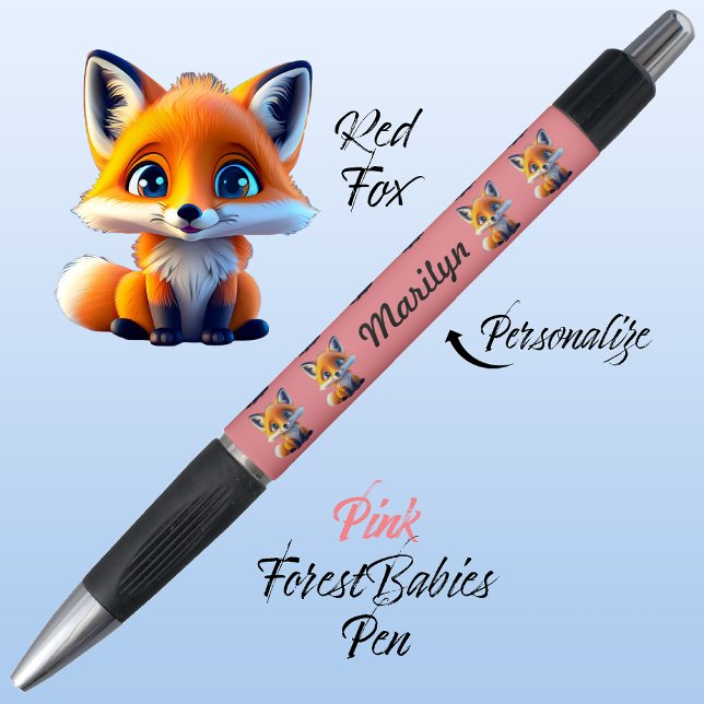 Caneta Raposa Vermelha, Papelaria Animal Cuja Deposição É (Cute Whimsical Red Fox Cartoon Graphic, pink Personalizable ForestBabies Pen 🦊)