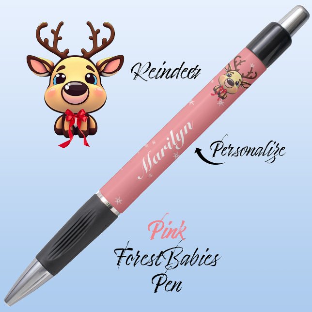 Caneta Rebelde Engraçada Engraçada Veado de Natal com 🦌  (Cute Whimsical Reindeer  Deer Antler Animal Cartoon Graphic, Pink Customizable ForestBabies Pen 🦌)