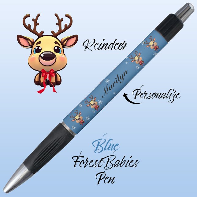 Caneta Rebelde Engraçada Engraçada Veado de Natal com Ané (Cute Whimsical Reindeer  Deer Antlers Animal Cartoon Graphic, Blue Customizable ForestBabies Pen 🦌)