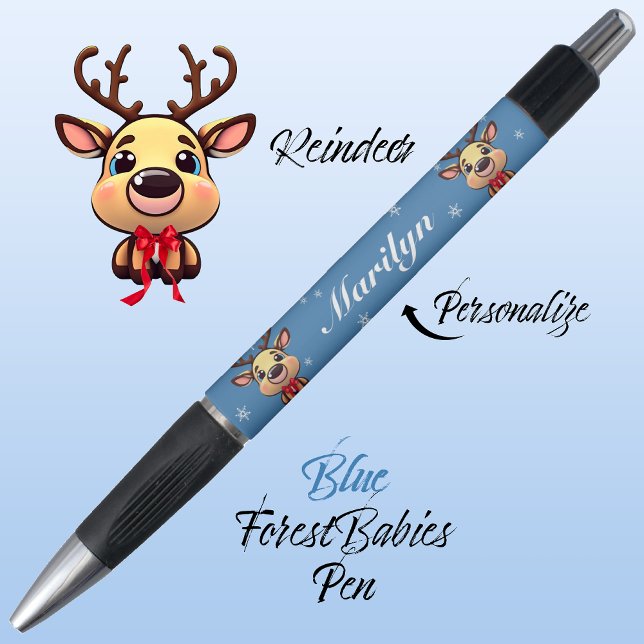 Caneta Rebelde Engraçada Engraçada Veado de Natal com Ané (Cute Whimsical Reindeer  Deer Antler Animal Cartoon Graphic, Blue Customizable ForestBabies Pen 🦌)