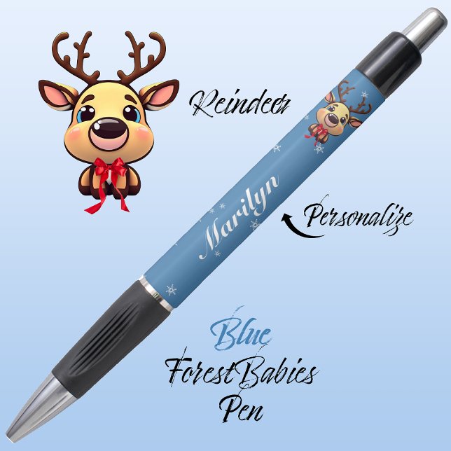 Caneta Rebelde Engraçada Engraçada Veado de Natal com Ané (Cute Whimsical Reindeer  Deer Antler Animal Cartoon Graphic, Blue Customizable ForestBabies Pen 🦌)