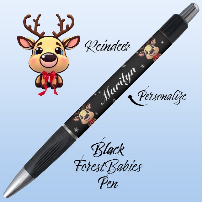 Caneta Rebelde Engraçado Engraçado Xmas Deer com Anéis 🦌 (Cute Whimsical Reindeer  Deer Antler Animal Cartoon Graphic, Black Customizable ForestBabies Pen 🦌)