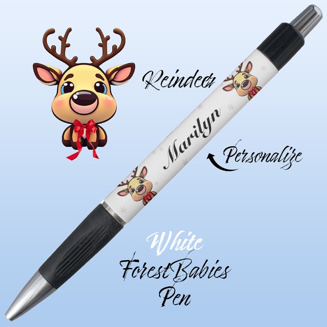 Caneta Reindeer Cute Engraçado, Xmas Deer, com 🦌 Brancos (Cute Whimsical Reindeer  Deer Antler Animal Cartoon Graphic, White Customizable ForestBabies Pen 🦌)