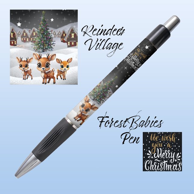 Caneta Reindeer, Desejamos-Lhe Um Feliz Natal 🦌 🎄 🎉 🎁 (Reindeer, We Wish You A Merry Christmas Tree, Snowy Village House, Deer, Star Winter Scene 🦌🎄🎁✨)