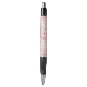 Caneta Rosa Feminino Branco Listras de Brilho Falso