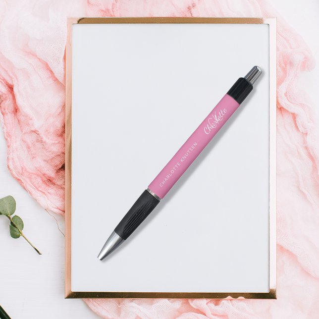 Caneta Rosa script de nome monograma personalizado branco (Criador carregado)