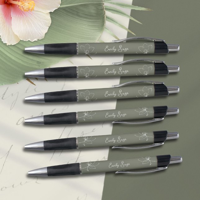 Caneta Sage Green Ivory Floral Line Art Minimalist Zen (Minimalist Floral Zen Line Art Ivory Sage Green Pen ©Susanne Sachers - Sunny Wanderlust 🌞✈️)