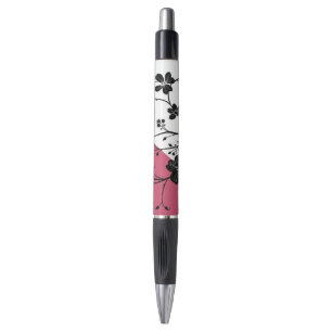 Caneta Silhueta Floral Preta Elegante a Rosa e Branco