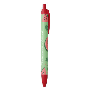 Caneta Tinta Preta Melancia Frutas Borda Rosa Verm