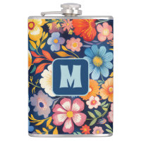 70s 60s Monograma Floral Retro Azul e Laranja