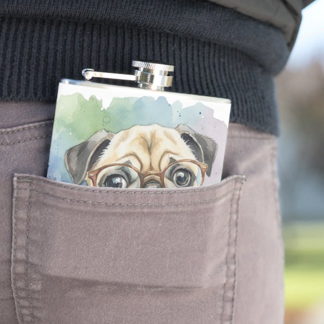 Cantil Adorável Pug em Aquarela com Óculos (In loco)