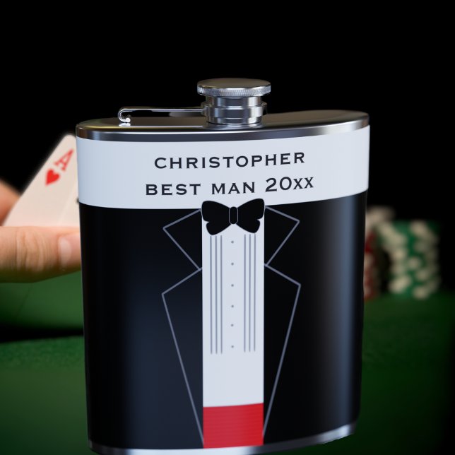 Cantil Arco Negro Tie Tuxedo Melhor Padrinho de casamento (Fun tuxedo flask for your groomsmen. Just add their name and year)