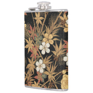 Cantil Arte Preta Floral Outono Japonês Vintage Dourado