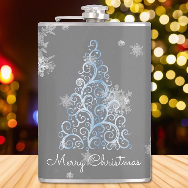 Cantil Árvore de Natal Azul e Flocos de Neve (Blue Christmas Tree and Snowflakes Flask)
