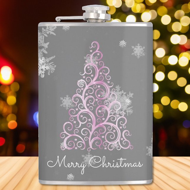 Cantil Árvore de Natal rosa e flocos de neve (Pink Christmas Tree and Snowflakes Flask)