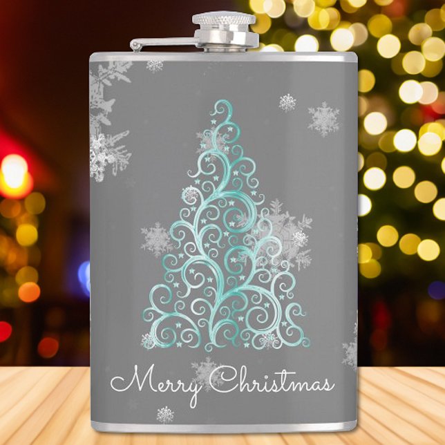 Cantil Árvore de Natal Teal e Flocos de Neve (Teal Christmas Tree and Snowflakes Flask)