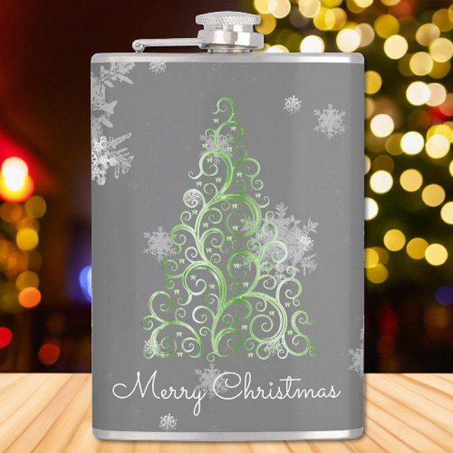 Cantil Árvore de Natal Verde e Flocos de Neve (Green Christmas Tree and Snowflakes Flask)