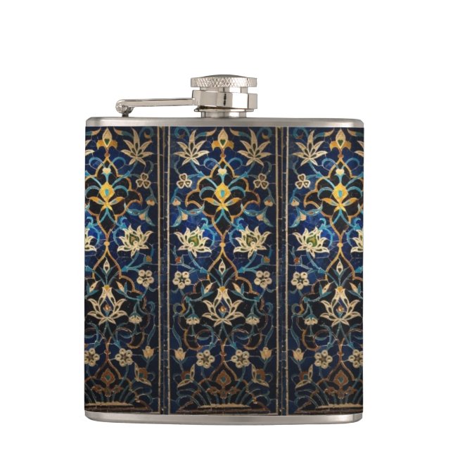 Cantil Azul-mosaico e Dourado Floral Flask (Frente)